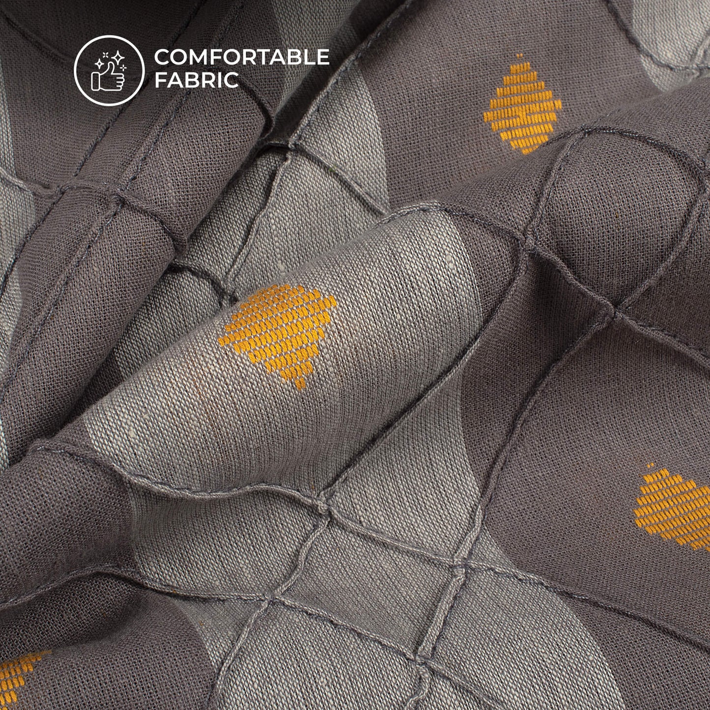 Grey And Yellow Booti Pattern Dobby Pin-Tucks Cotton Fabric