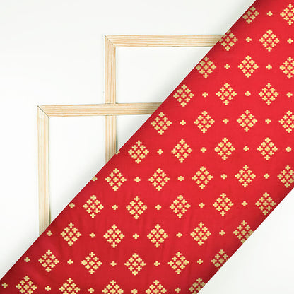 Red Geometric Pattern Zari Jacquard Banarasi Silk Fabric - Fabcurate