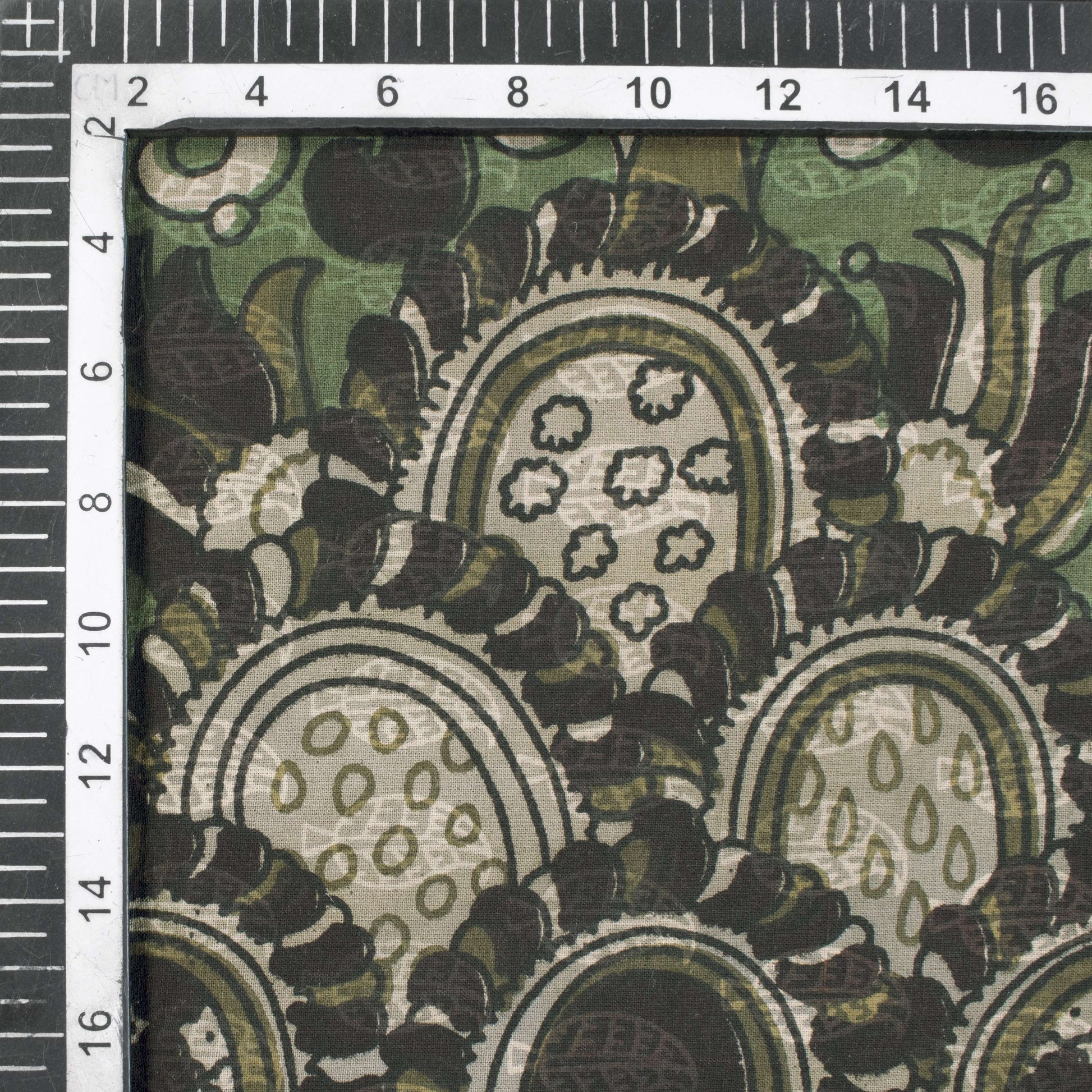 Olive Green And Dark Brown Kalamkari Pattern Screen Print Cotton Fabric - Fabcurate