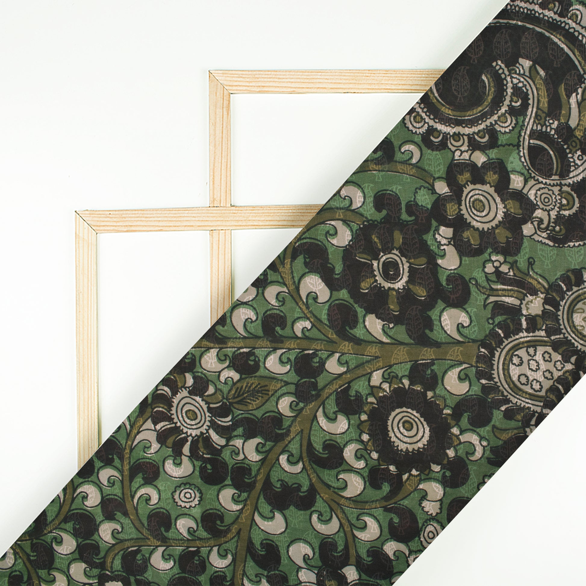 Olive Green And Dark Brown Kalamkari Pattern Screen Print Cotton Fabric - Fabcurate