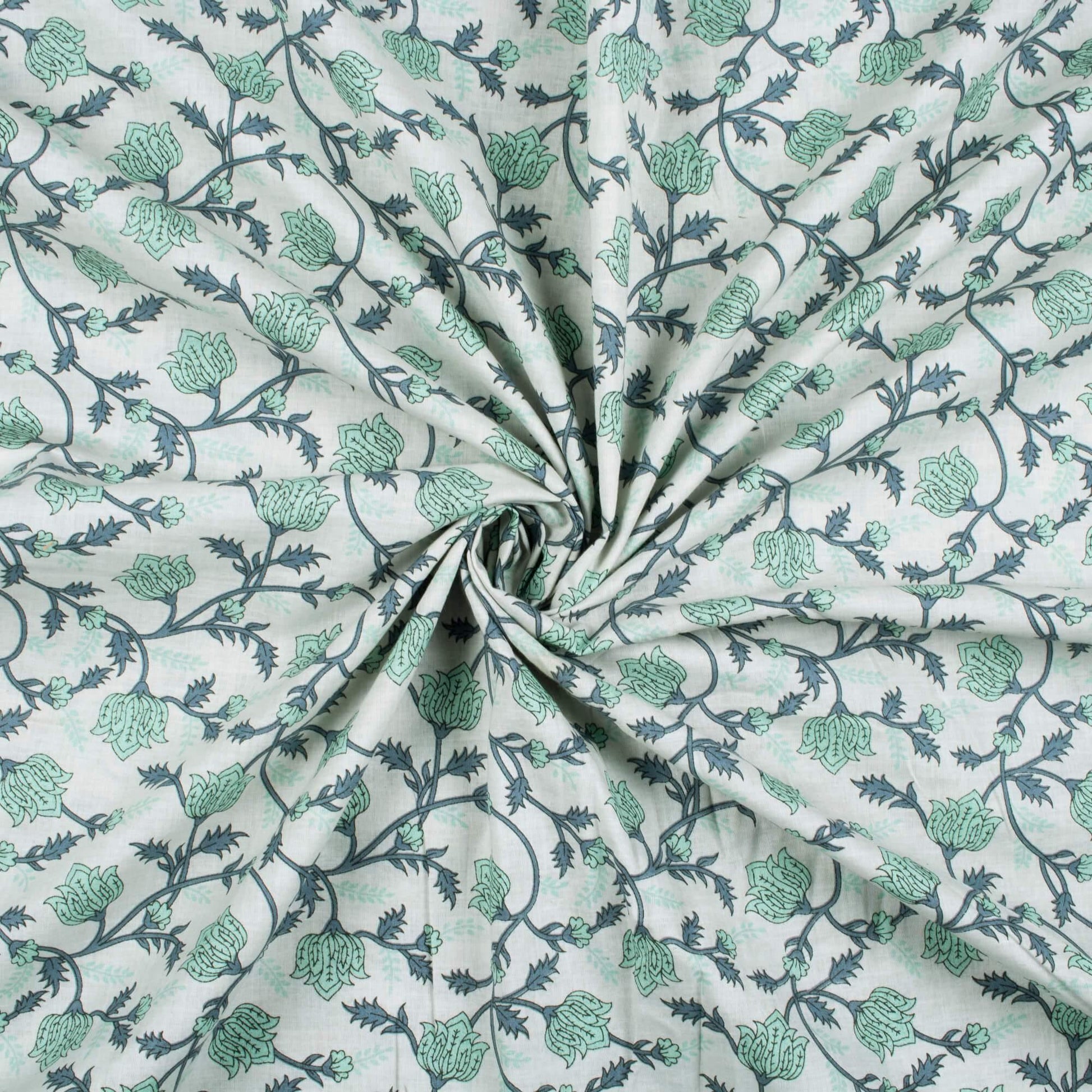 Dolphin Grey And Mint Green Floral Pattern Screen Print Cotton Fabric - Fabcurate
