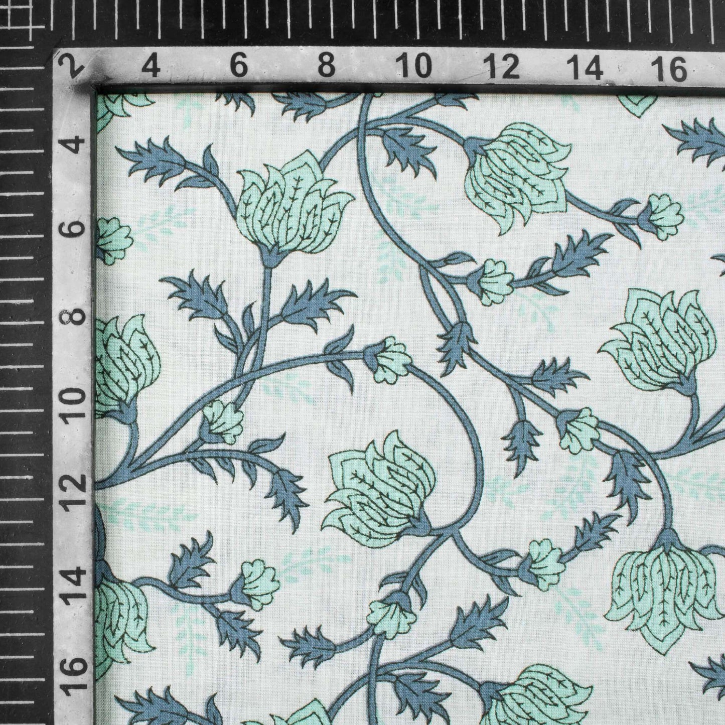 Dolphin Grey And Mint Green Floral Pattern Screen Print Cotton Fabric - Fabcurate