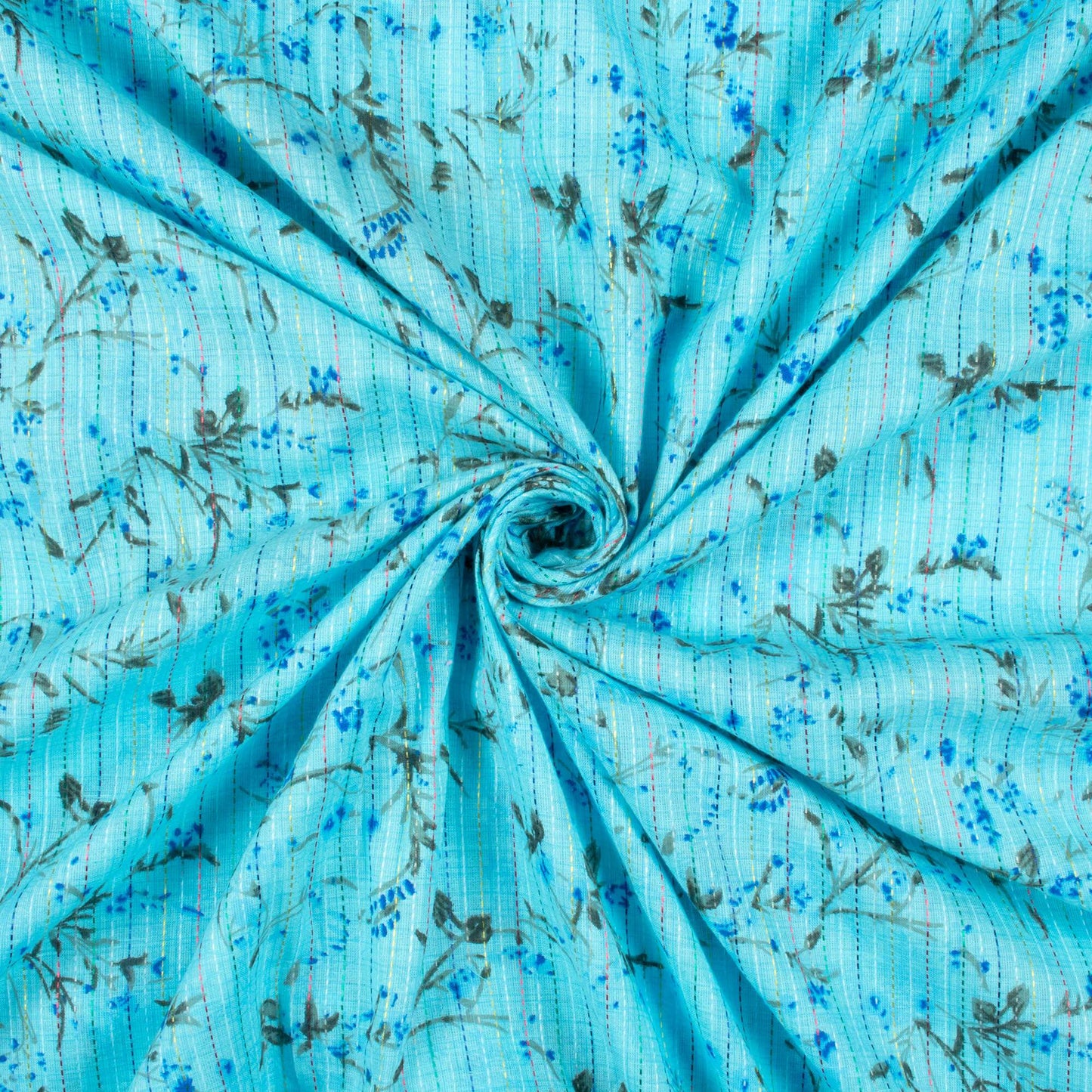 (Cut Piece 0.5 Mtr) Sky Blue And Grey Leaf Pattern Screen Print Kantha Cotton Fabric