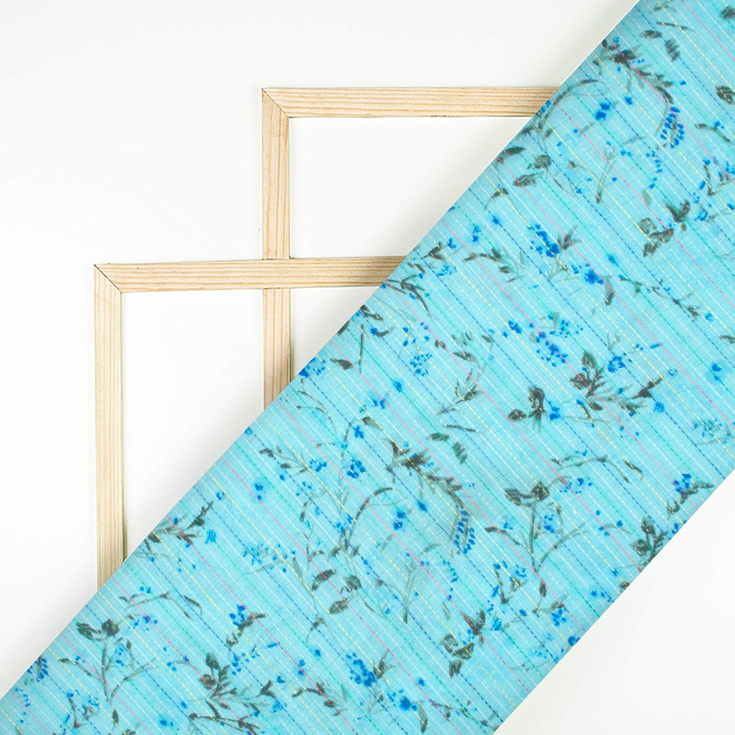 (Cut Piece 0.5 Mtr) Sky Blue And Grey Leaf Pattern Screen Print Kantha Cotton Fabric
