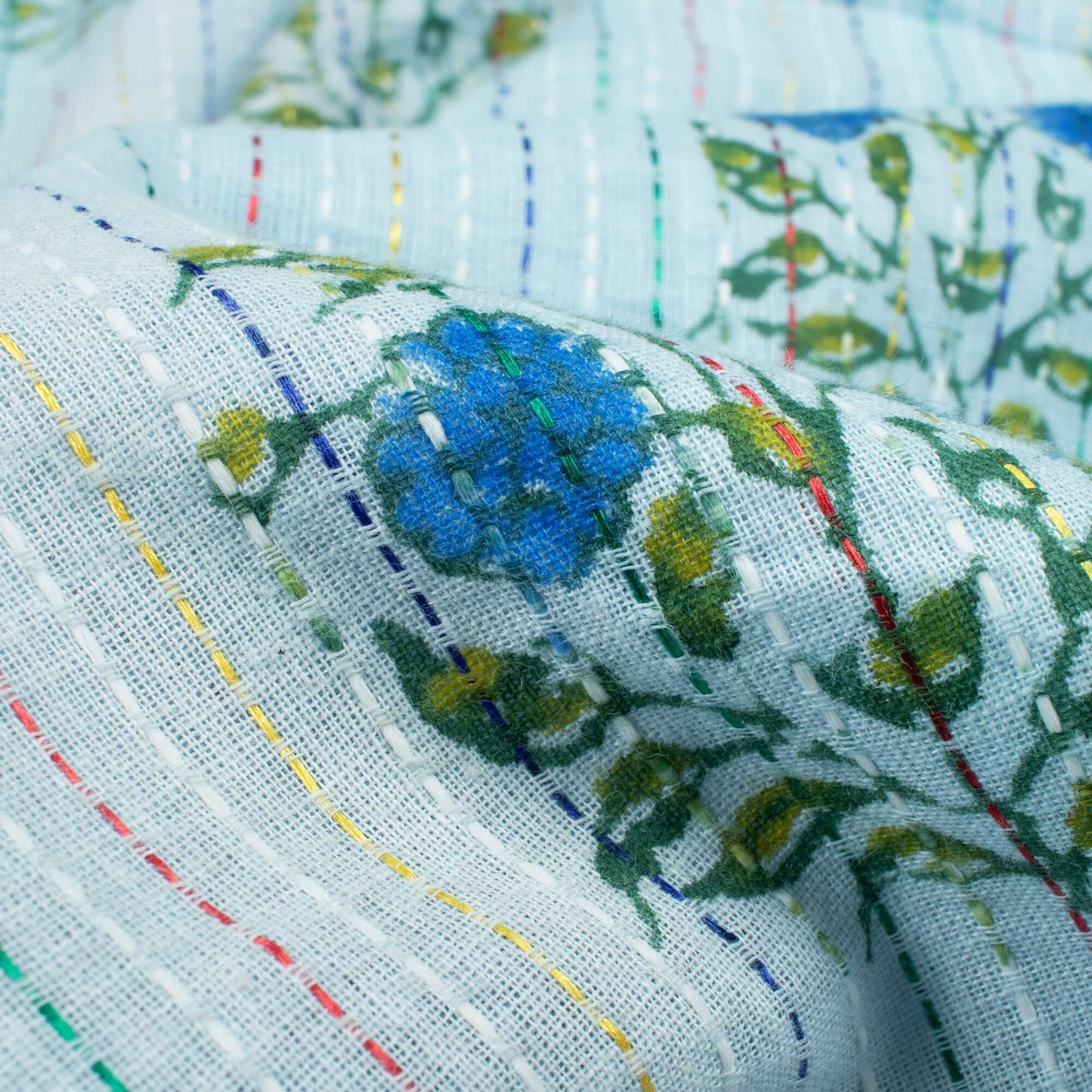 (Cut Piece 1.2 Mtr) Maya Blue And Green Floral Pattern Screen Print Kantha Cotton Fabric