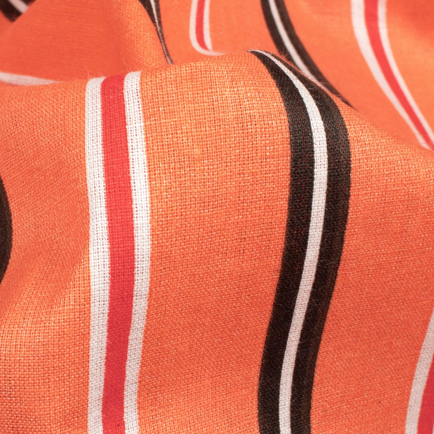 Salmon Orange And Black Stripes Pattern Screen Print Cotton Cambric Fabric