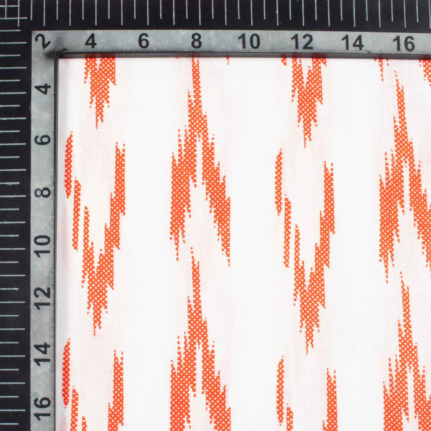 Premium White And Orange Ikat Pattern Screen Print Cotton Cambric Fabric