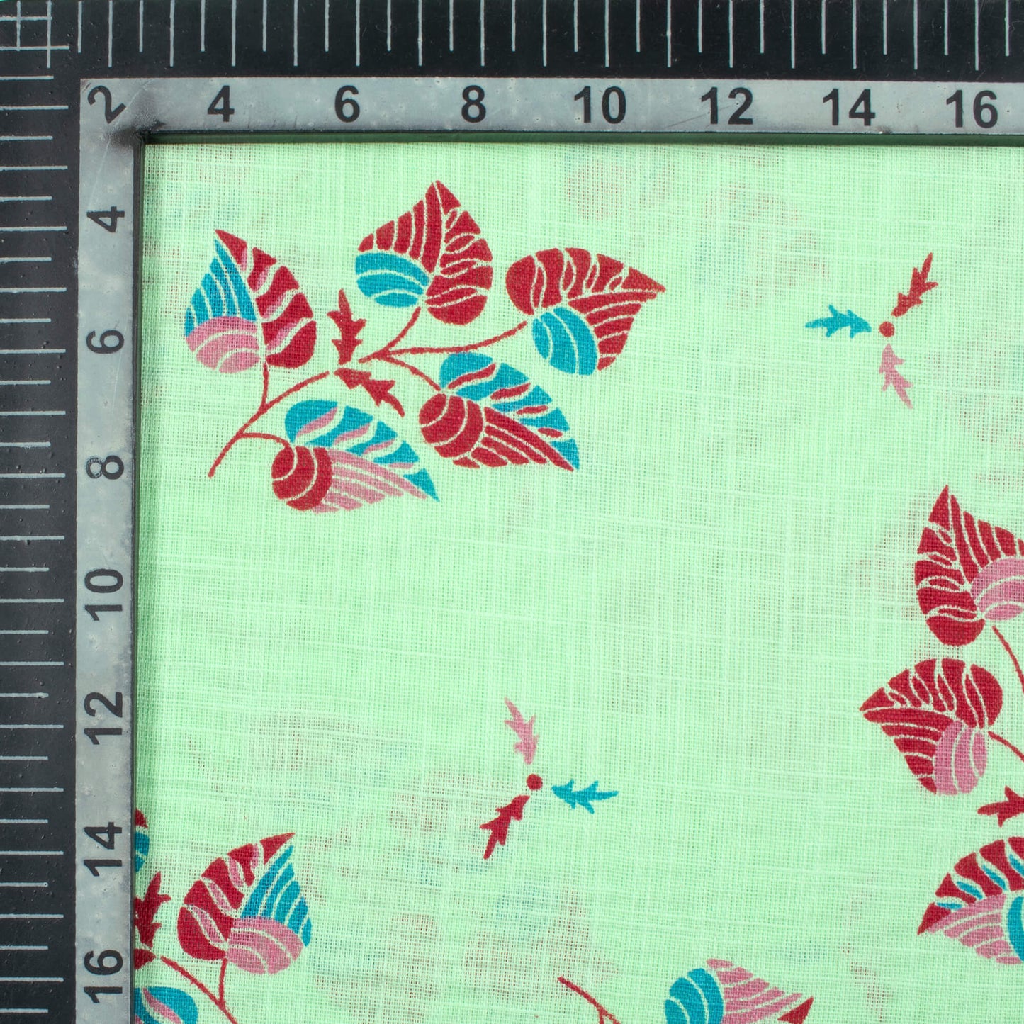 Mint Green And Cherry Red Leaf Pattern Screen Print Cotton Slub Fabric