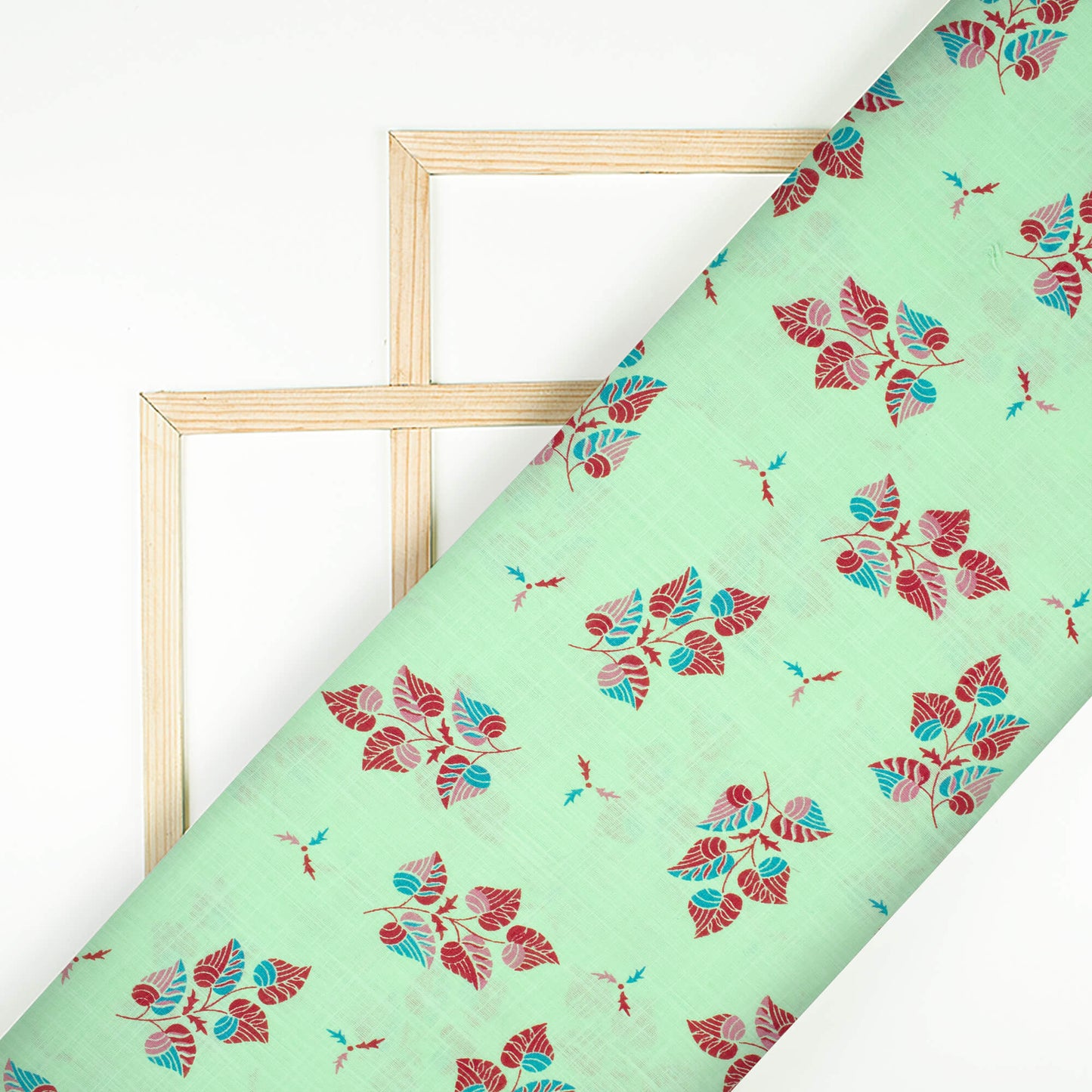 Mint Green And Cherry Red Leaf Pattern Screen Print Cotton Slub Fabric