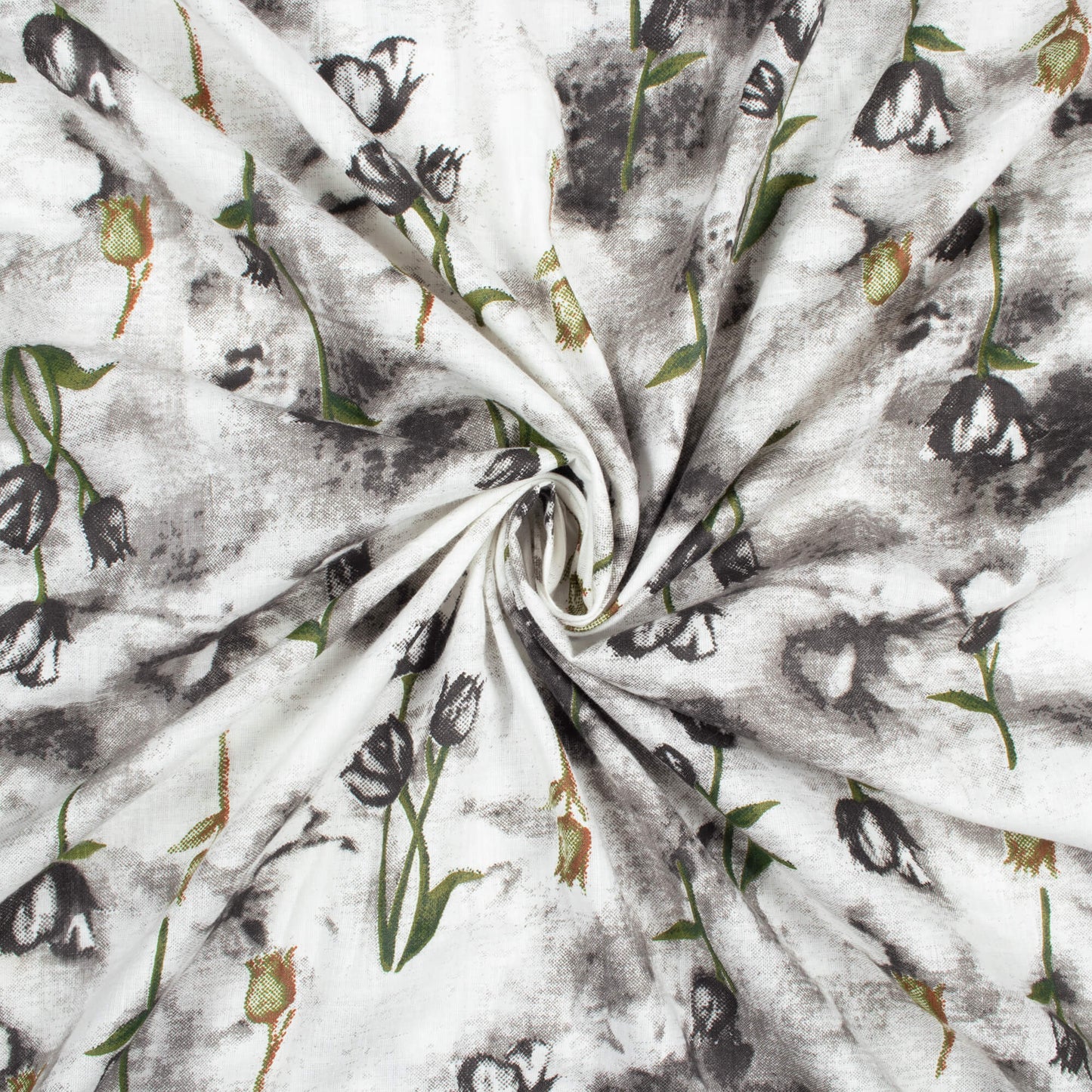 Lava Grey And White Floral Pattern Screen Print Cotton Cambric Fabric