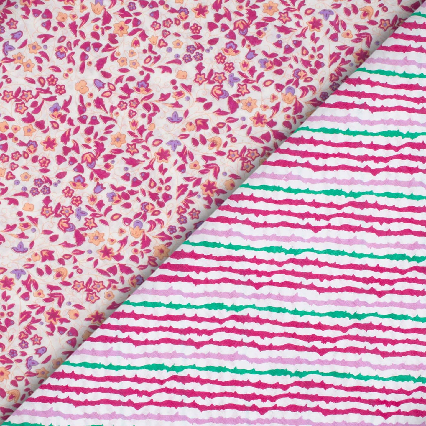 (Cut Piece 0.7 Mtr) White And Magenta Purple Leheriya Pattern Screen Print Cotton Cambric Fabric