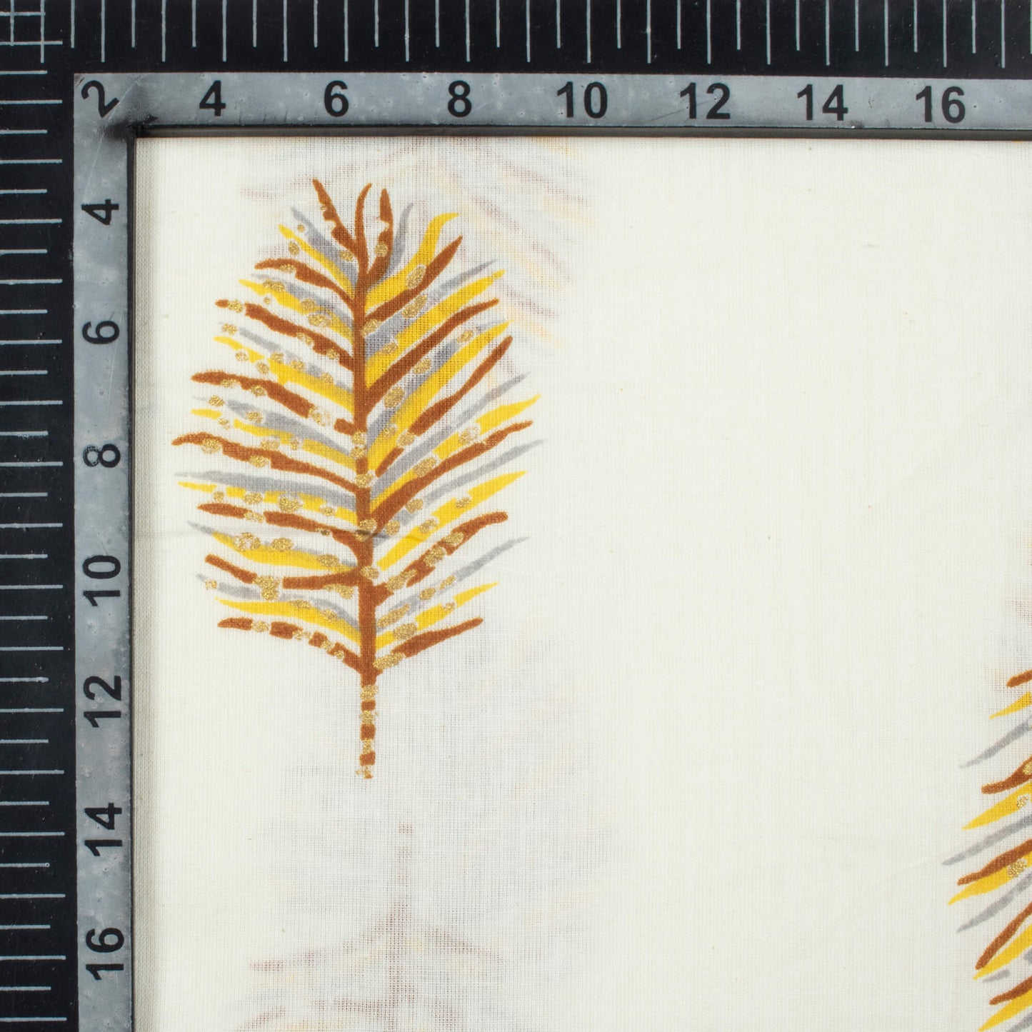 Off White And Laguna Yellow Leaf Pattern Screen Print Cotton Cambric Fabric