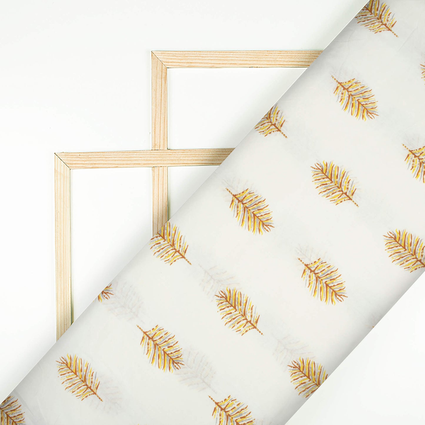 Off White And Laguna Yellow Leaf Pattern Screen Print Cotton Cambric Fabric