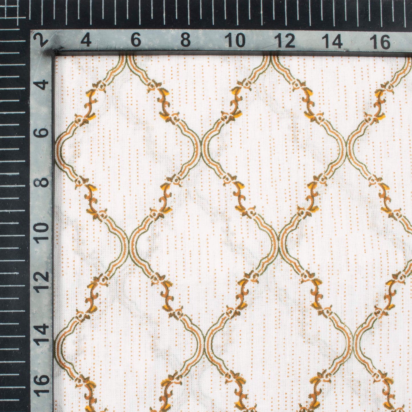 Off White And Fern Green Trellis Pattern Screen Print Cotton Cambric Fabric