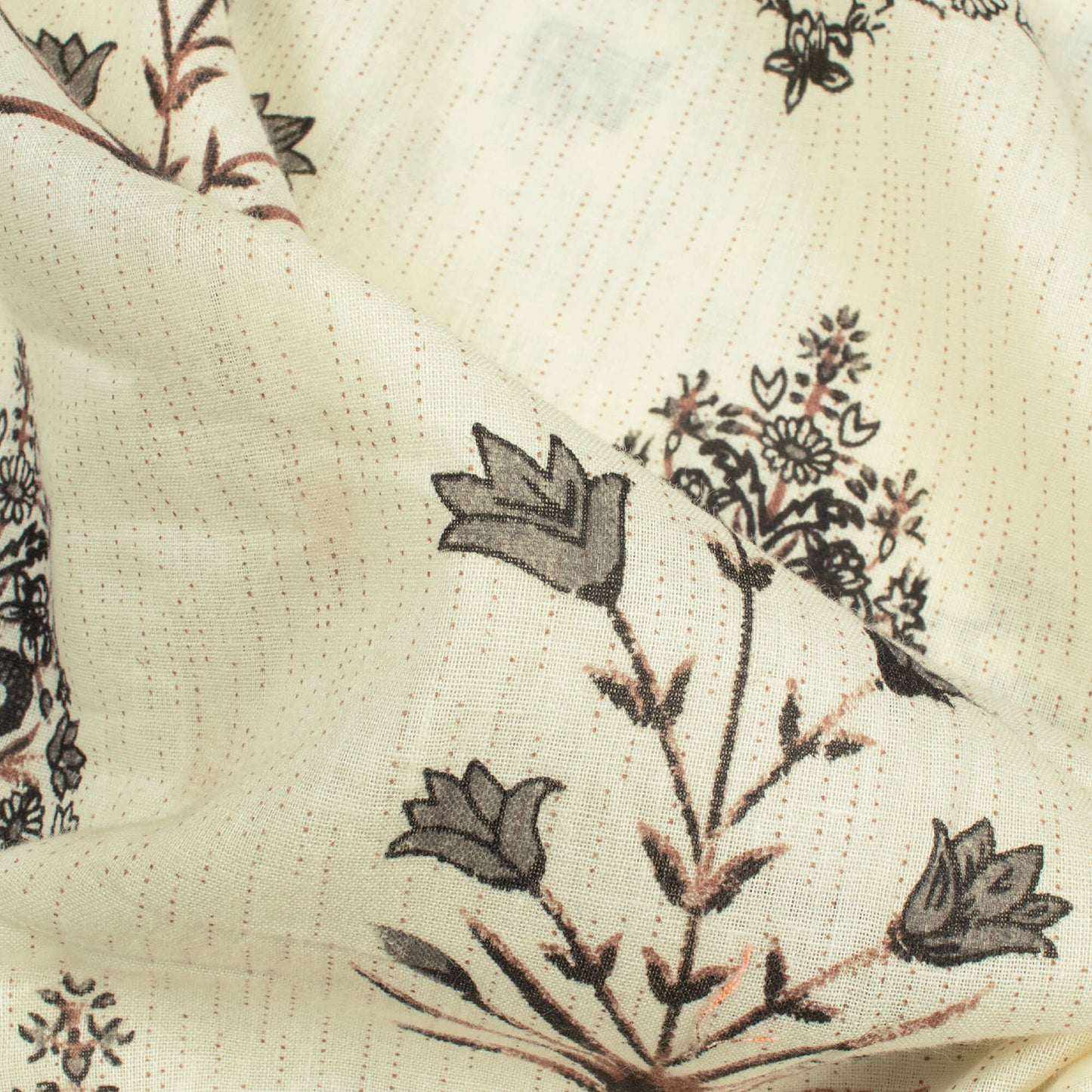 Off White And Lava Grey Floral Pattern Screen Print Cotton Cambric Fabric