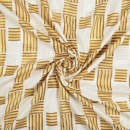 White And Tortilla Brown Geometric Pattern Screen Print Cotton Mulmul Fabric - Fabcurate