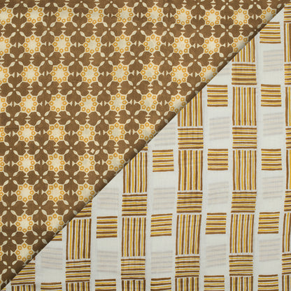 White And Tortilla Brown Geometric Pattern Screen Print Cotton Mulmul Fabric - Fabcurate
