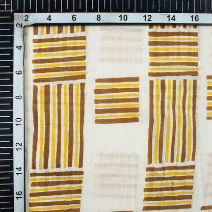 White And Tortilla Brown Geometric Pattern Screen Print Cotton Mulmul Fabric - Fabcurate