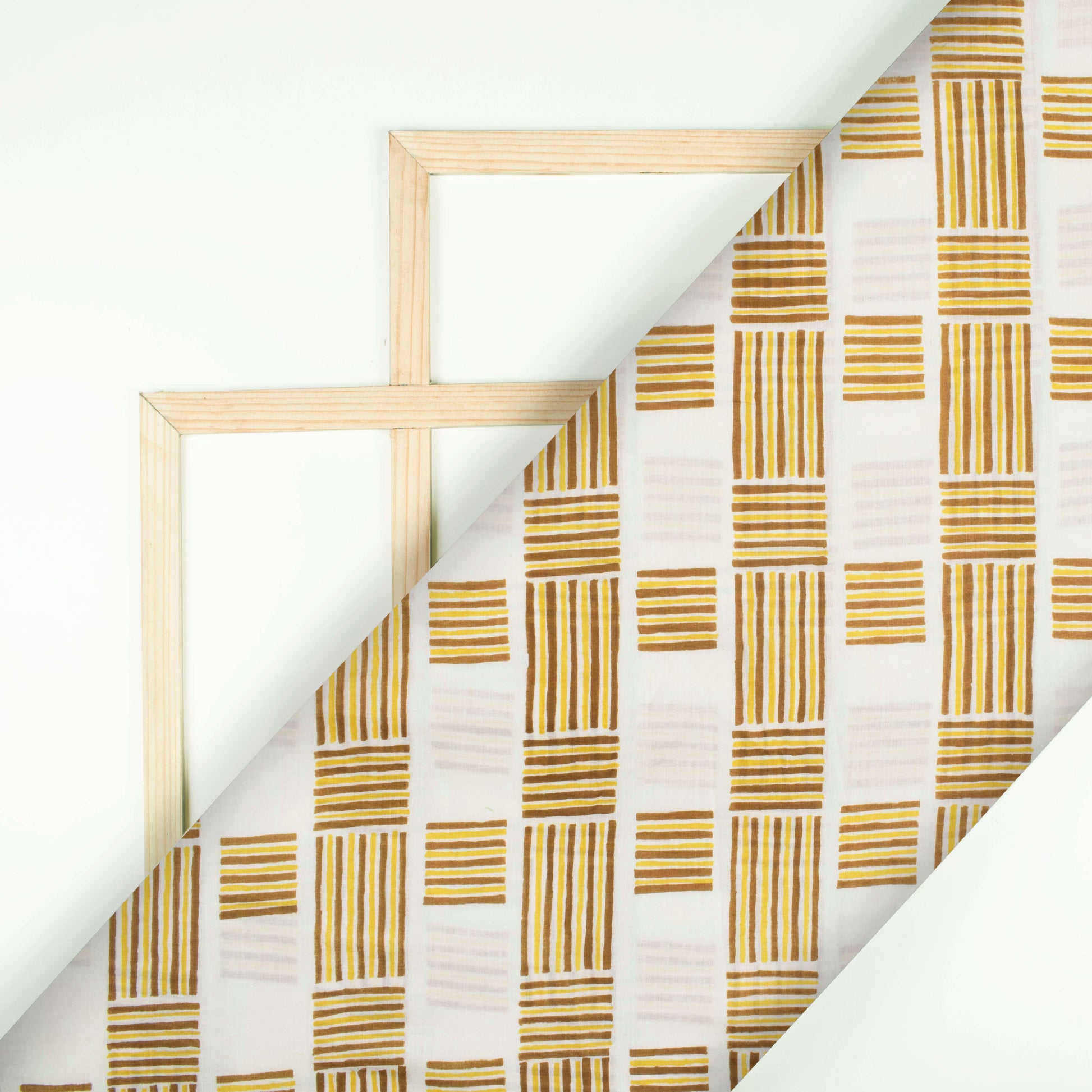 White And Tortilla Brown Geometric Pattern Screen Print Cotton Mulmul Fabric - Fabcurate