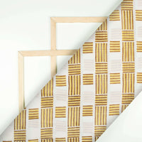 White And Tortilla Brown Geometric Pattern Screen Print Cotton Mulmul Fabric - Fabcurate