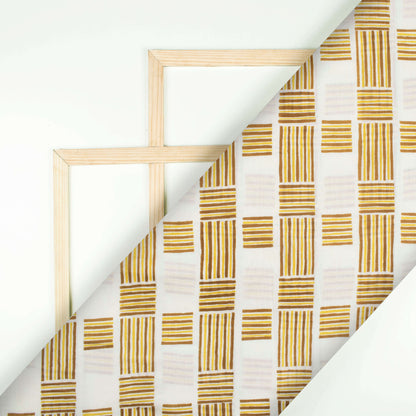 White And Tortilla Brown Geometric Pattern Screen Print Cotton Mulmul Fabric - Fabcurate