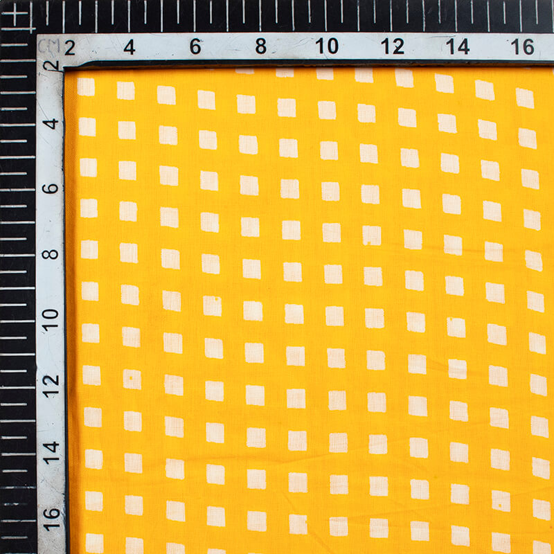 Yellow And Off White Geometric Pattern Screen Print Mulmul Fabric - Fabcurate