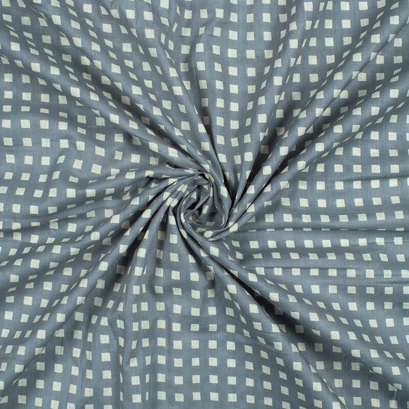 Grey And Off White Geometric Pattern Screen Print Mulmul Fabric - Fabcurate