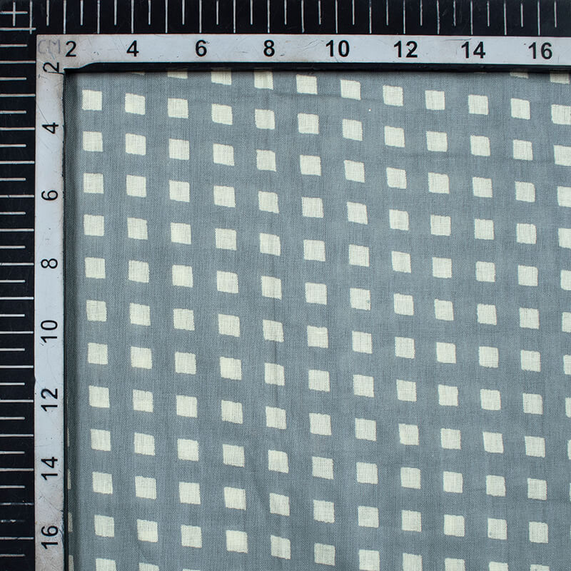 Grey And Off White Geometric Pattern Screen Print Mulmul Fabric - Fabcurate