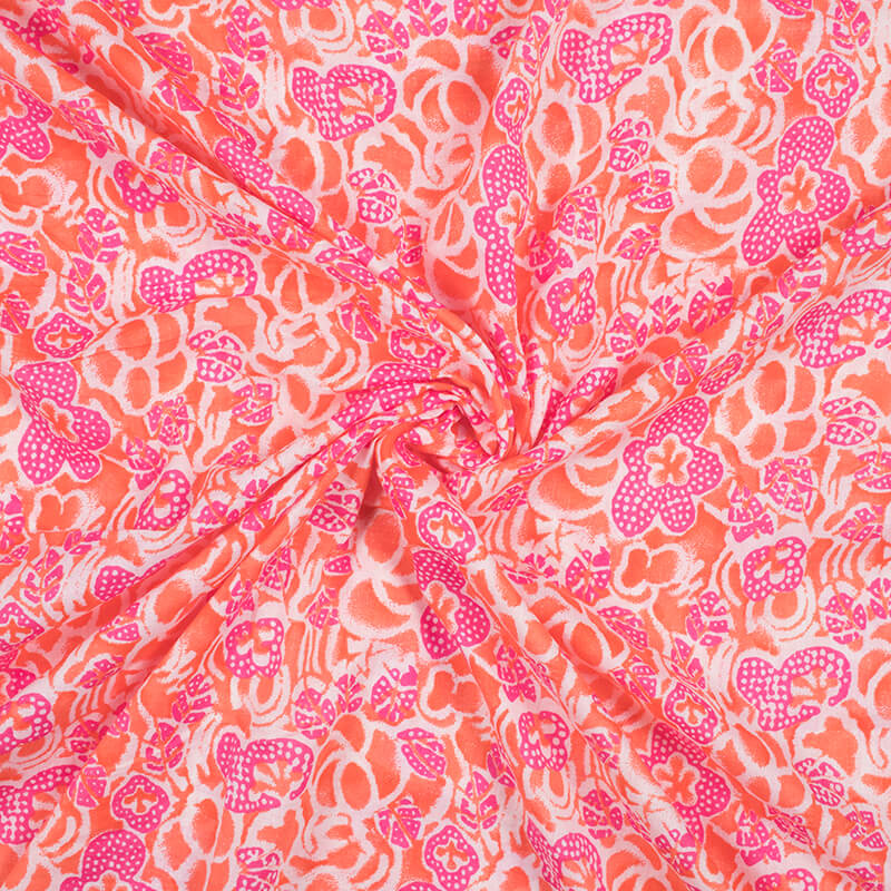 Orange And Pink Floral Pattern Screen Print Mulmul Fabric - Fabcurate