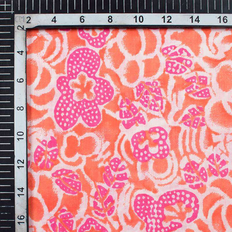 Orange And Pink Floral Pattern Screen Print Mulmul Fabric - Fabcurate