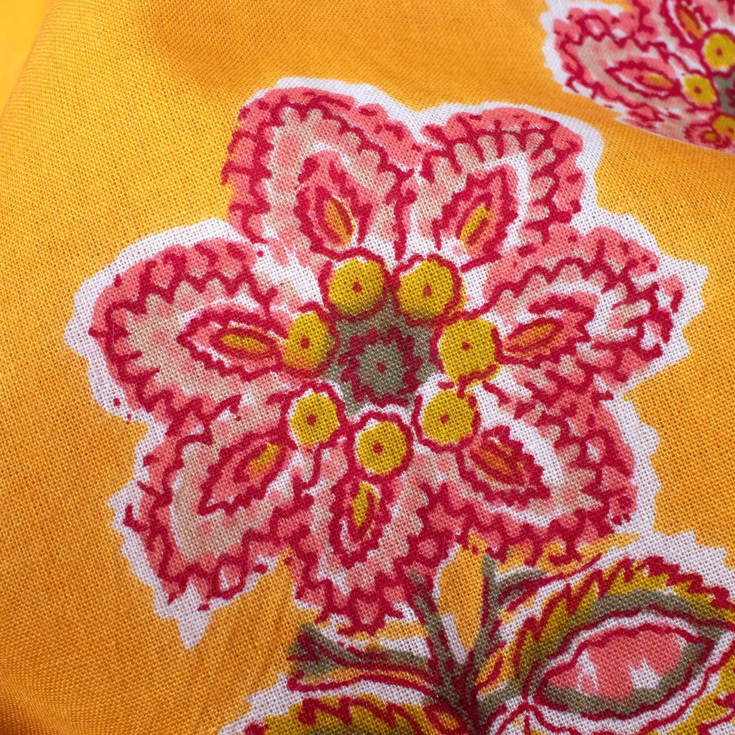 Honey Yellow And Punch Pink Floral Pattern Screen Print Cotton Mulmul Fabric - Fabcurate
