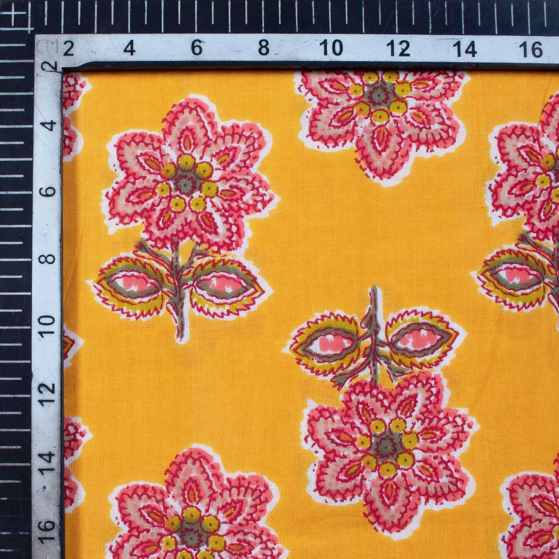 Honey Yellow And Punch Pink Floral Pattern Screen Print Cotton Mulmul Fabric - Fabcurate