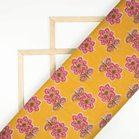 Honey Yellow And Punch Pink Floral Pattern Screen Print Cotton Mulmul Fabric - Fabcurate