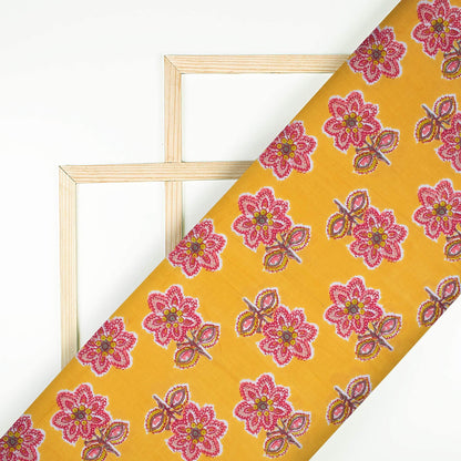 Honey Yellow And Punch Pink Floral Pattern Screen Print Cotton Mulmul Fabric - Fabcurate