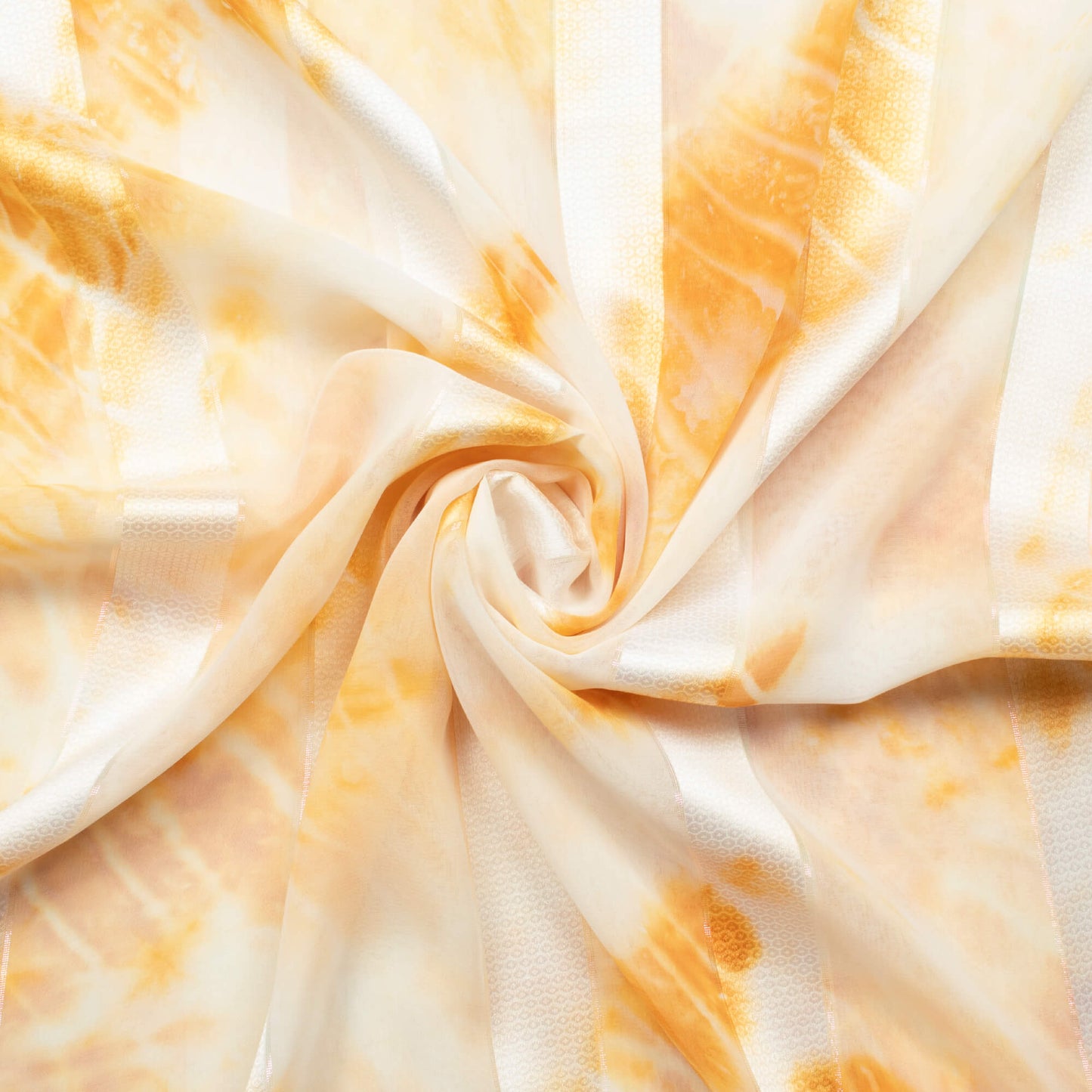 Cidar Orange And White Shibori Hand Tie & Dye Stripes Lurex Jacquard Georgette Fabric