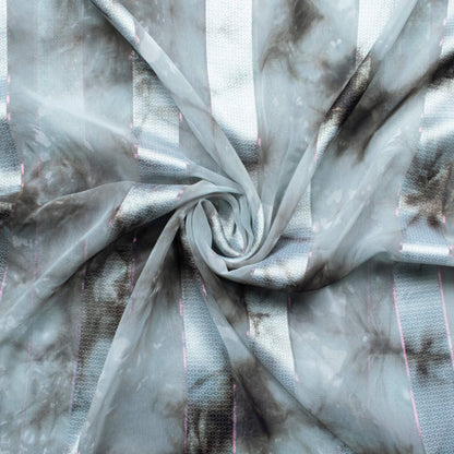 Black And Dolphin Grey Shibori Hand Tie & Dye Stripes Lurex Jacquard Georgette Fabric
