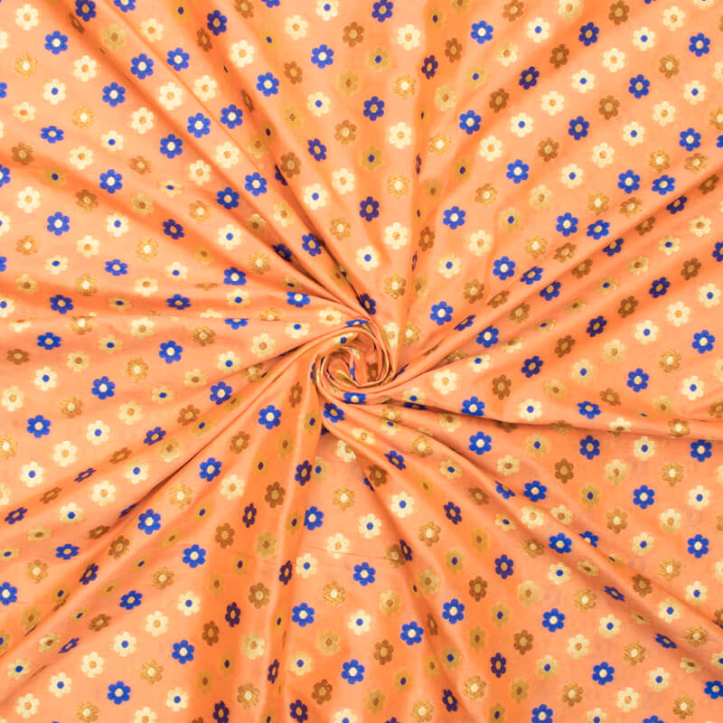Peach And Blue Floral Pattern Zari Jacquard Banarasi Taffeta Silk Fabric
