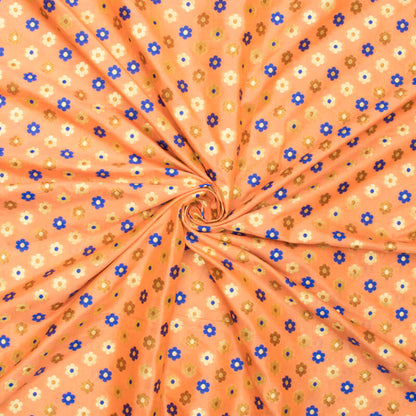 Peach And Blue Floral Pattern Zari Jacquard Banarasi Taffeta Silk Fabric