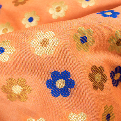 Peach And Blue Floral Pattern Zari Jacquard Banarasi Taffeta Silk Fabric