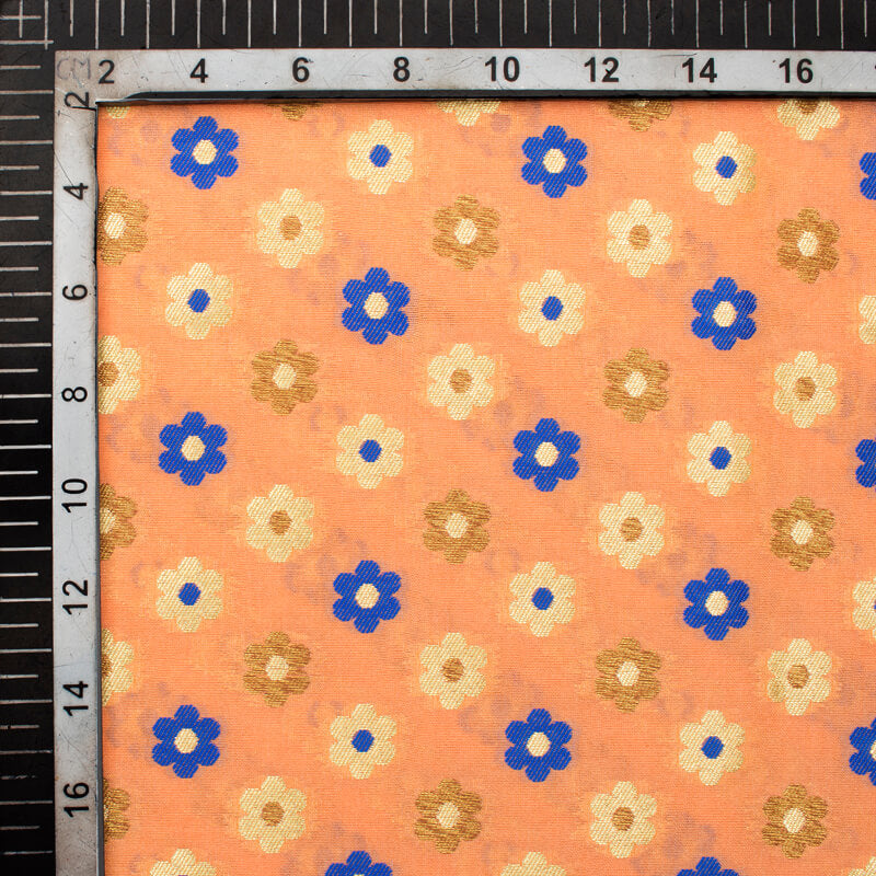 Peach And Blue Floral Pattern Zari Jacquard Banarasi Taffeta Silk Fabric