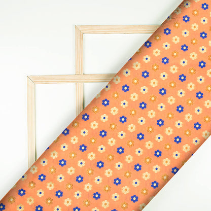 Peach And Blue Floral Pattern Zari Jacquard Banarasi Taffeta Silk Fabric