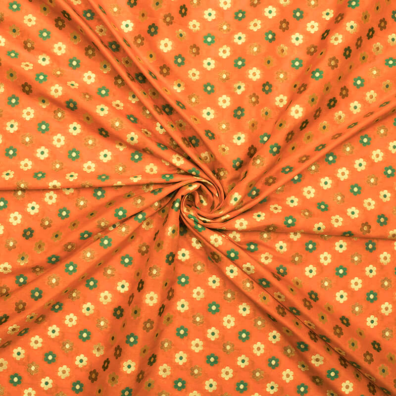 Orange And Green Floral Pattern Zari Jacquard Banarasi Taffeta Silk Fabric - Fabcurate