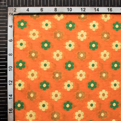 Orange And Green Floral Pattern Zari Jacquard Banarasi Taffeta Silk Fabric - Fabcurate
