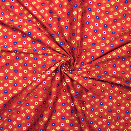 Red And Royal Blue Floral Pattern Zari Jacquard Banarasi Taffeta Silk Fabric