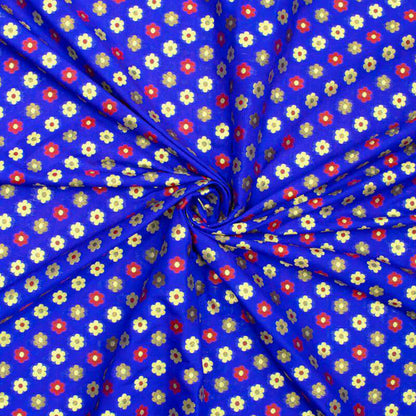 Royal Blue And Fuchsia Floral Pattern Zari Jacquard Banarasi Taffeta Silk Fabric - Fabcurate