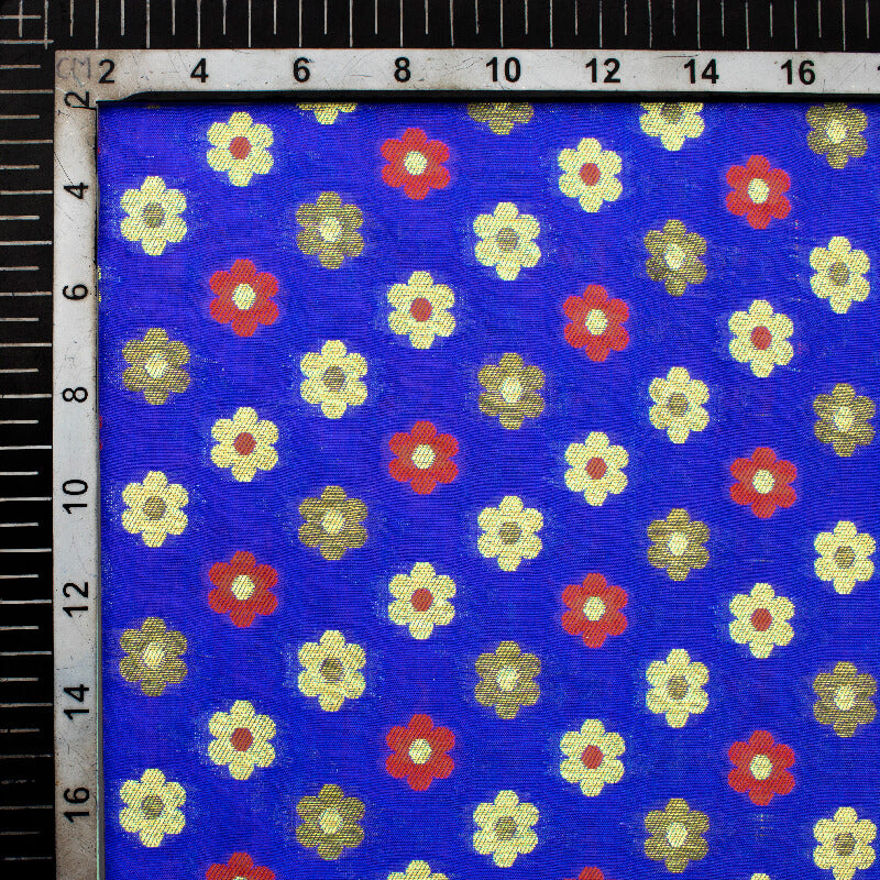 Royal Blue And Fuchsia Floral Pattern Zari Jacquard Banarasi Taffeta Silk Fabric - Fabcurate