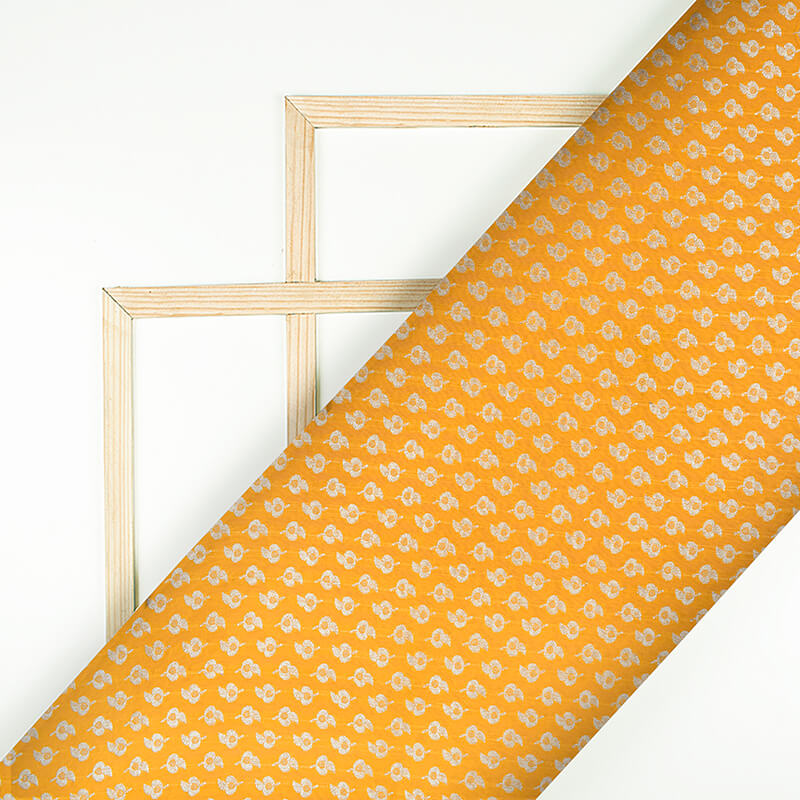 Yellow Booti Pattern Zari Jacquard Banarasi Taffeta Silk Fabric - Fabcurate