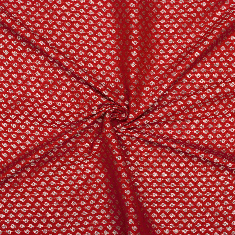 Red Booti Pattern Zari Jacquard Banarasi Taffeta Silk Fabric - Fabcurate