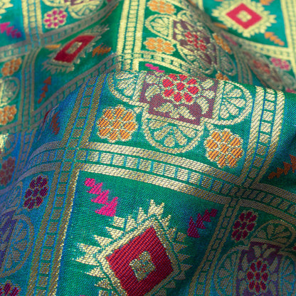 Peacock Green And Red Traditional Pattern Zari Jacquard Banarasi Taffeta Silk Fabric