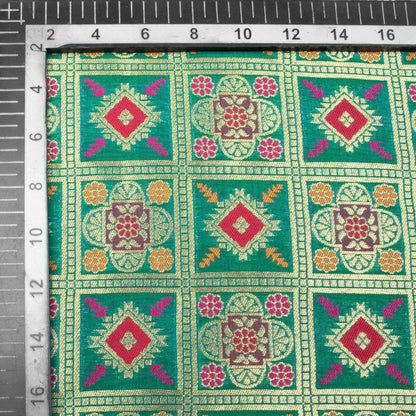 Peacock Green And Red Traditional Pattern Zari Jacquard Banarasi Taffeta Silk Fabric
